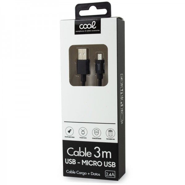 Cable USB Compatible COOL Universal (micro-usb) 3 metros Negro 2.4 Amp